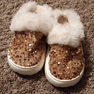 Gold Sequin Holiday Slippers/Shoes with Faux Fur Lining